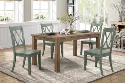 5pc Dining Set Natural Finish Table and 4x Side Chairs Teal Finish Wooden Kitchen Dining Room Furniture - as Pic