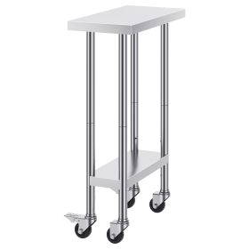 Stainless Steel Work Table 24 x 12 x 38 Inch, 500 LBS Load Capacity with 4 Wheels, 3 Adjustable Height Levels
