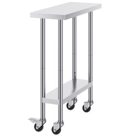 Stainless Steel Work Table 30 x 12 x 38 Inch, with 4 Wheels, 3 Adjustable Height Levels
