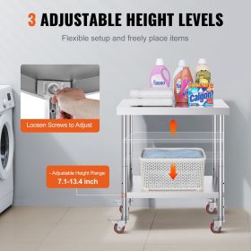 Stainless Steel Work Table 30 x 18 x 34 Inch, 700 LBS Load Capacity with 4 Wheels, 3 Adjustable Height Levels