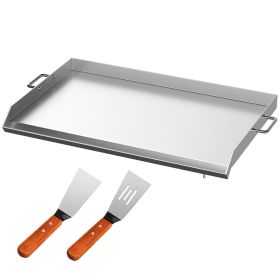 Stainless Steel Griddle,32" X 17" Universal Flat Top Rectangular Plate , BBQ Charcoal/Gas Grill with 2 Handles and Grease Groove with Hole