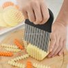 Stainless Steel Potato Chip Slicer Dough Vegetable Fruit Crinkle Wavy Kitchen Knife Cutter Chopper French Fry Maker Tools Gadget - Black