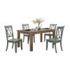 5pc Dining Set Natural Finish Table and 4x Side Chairs Teal Finish Wooden Kitchen Dining Room Furniture - as Pic