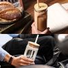Glass Water Tumble Straw Silicone Bamboo Lids Iced Coffee Cup Bottle Reusable - 590ML - Flesh colored